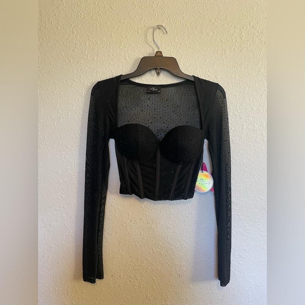 Black long sleeve sheer corset top Size M
